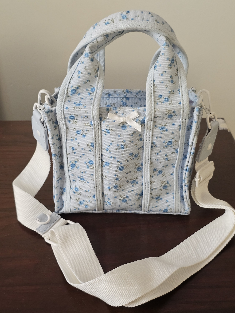 Light Blue Floral Mini Tote Bag with Cream Strap